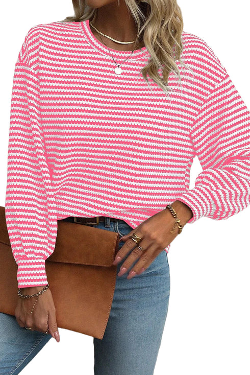 Stripe Round Neck Drop Shoulder Long Sleeve Top